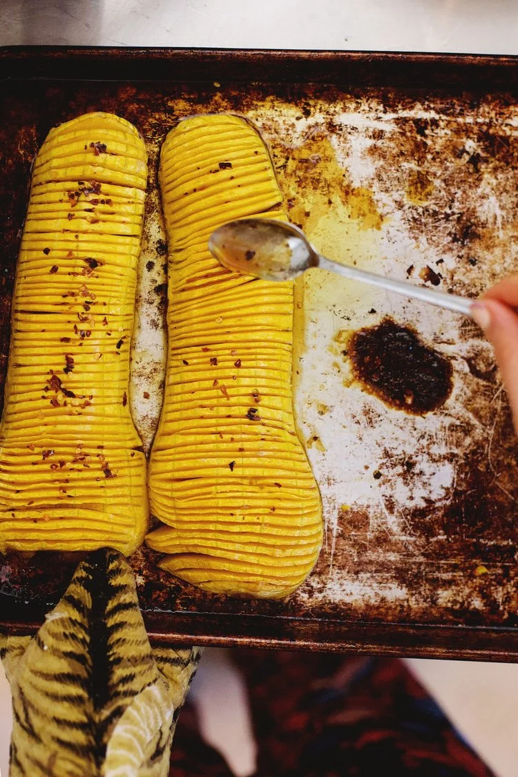 Hassleback Butternut Squash with Maple-Chili Glaze