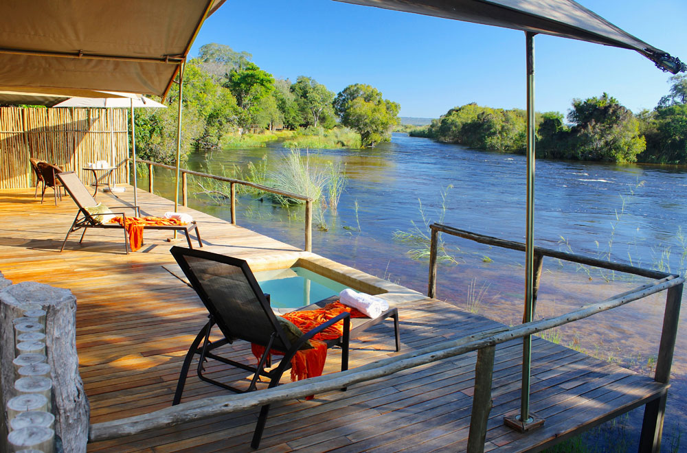 Private deck and plunge pool along the banks of the Zambezi