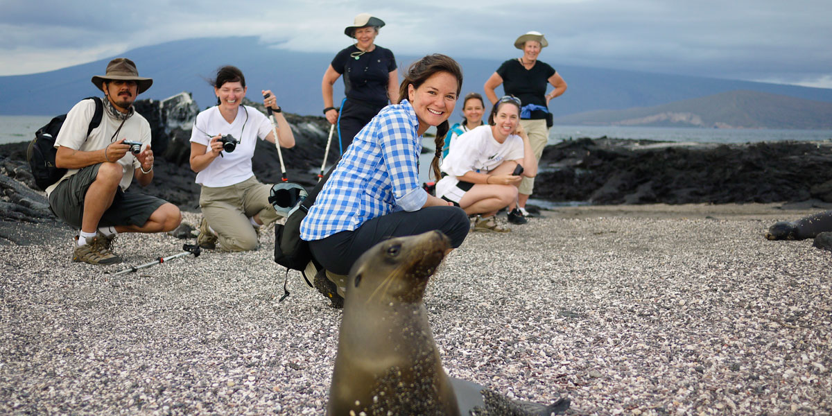 Shore visit at Punta Espinoza, Fernandina entertained by a gregarious sea lion pup. Photo: Philip Yip. 