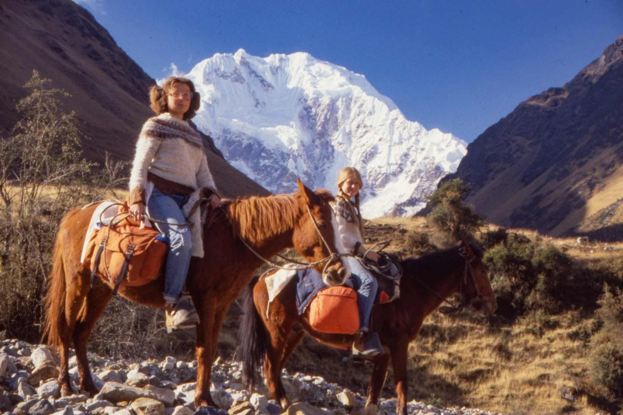 Marika and her sister, Kim, at the base of Mt. Salcantay in 1979