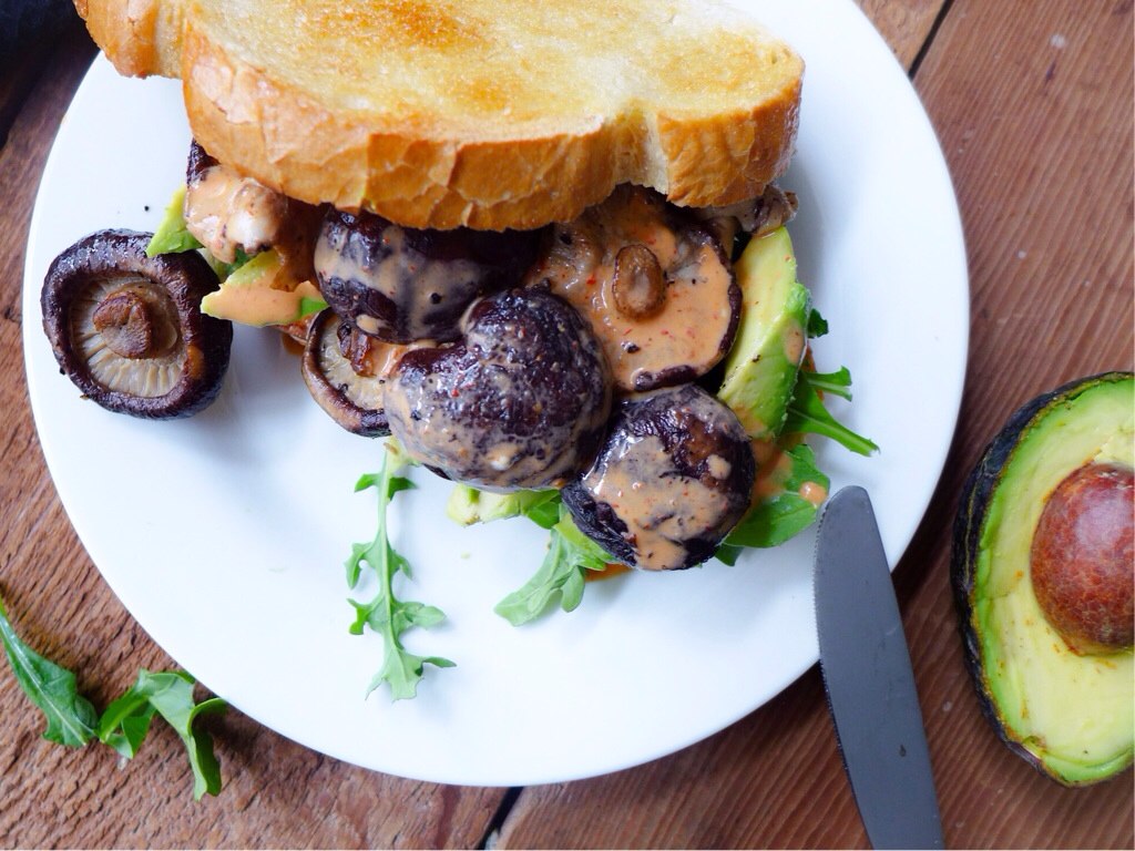 Sautéed Shiitake Mushroom Sandwich with Sriracha Mayo  