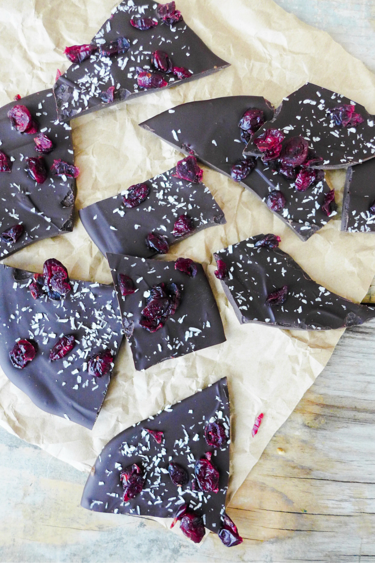 Dark Chocolate Holiday Bark with Cranberries &amp; Coconut Flakes