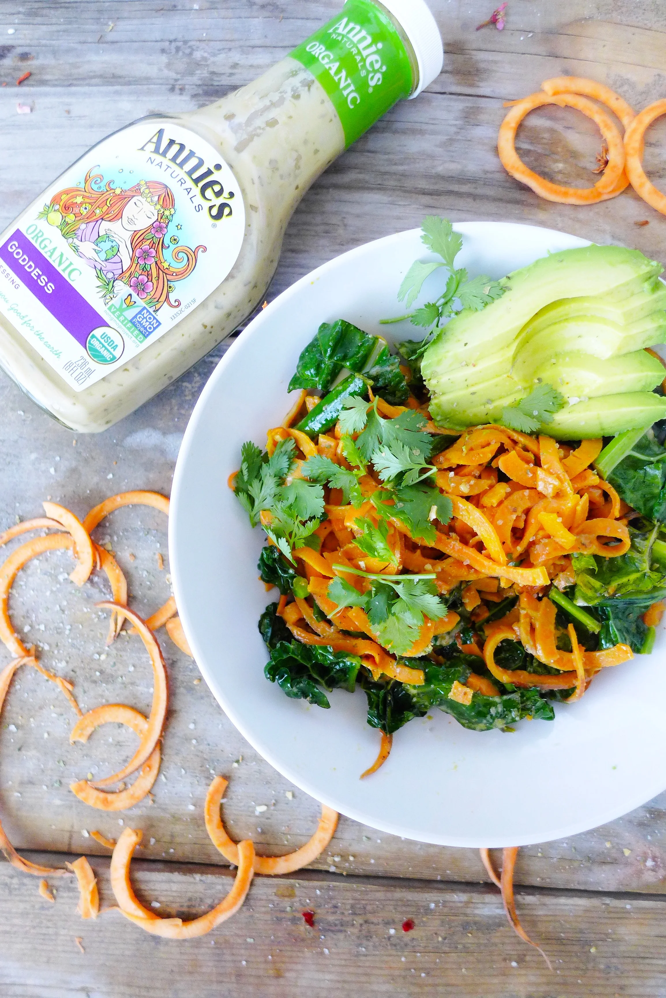 Sweet Potato Noodles with Kale &amp; Creamy Goddess Dressing