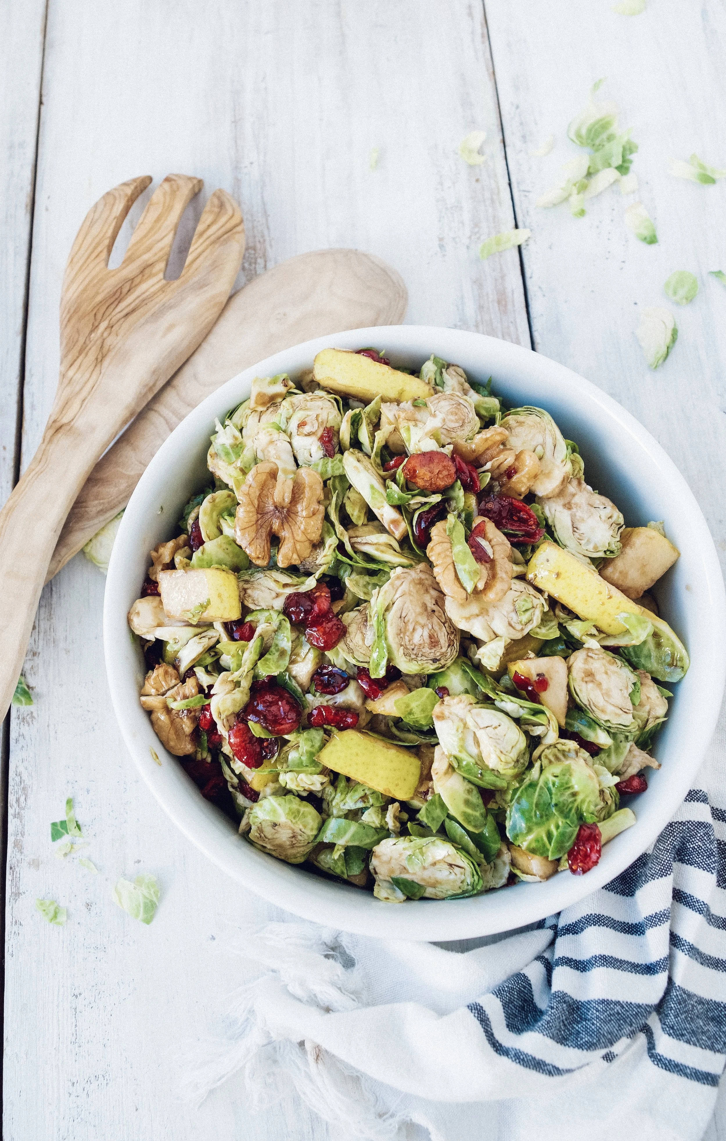 Shaved Brussels Sprout Salad with Pear, Cranberry, &amp; Walnuts