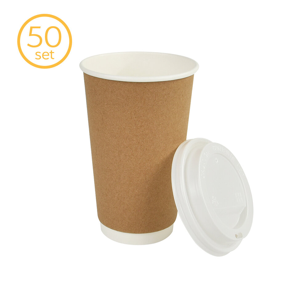 Double-Wall Disposable Coffee Cups with Lids [16oz 50 Pack