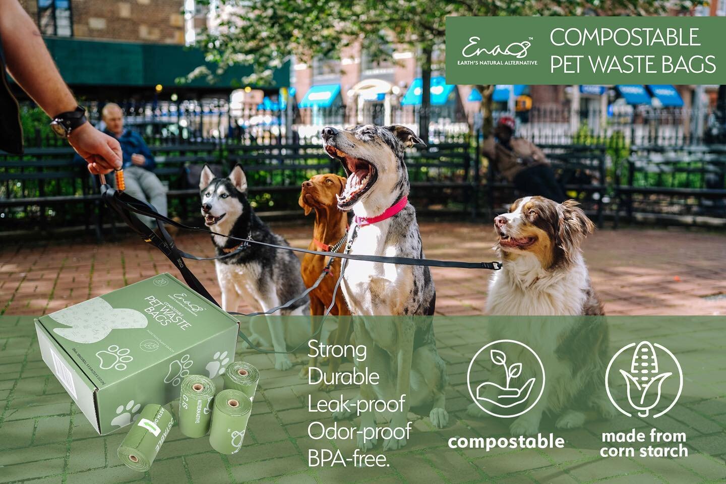 Dog walking with our BPI-certified compostable pet waste bags. They&rsquo;re extra thick, durable, leak-proof, odor-proof, and BPA-Free! 

👉Visit EnaEcoGoods.com and explore more eco-friendly options. Enjoy 15% off with code WELCOME15 on your first 