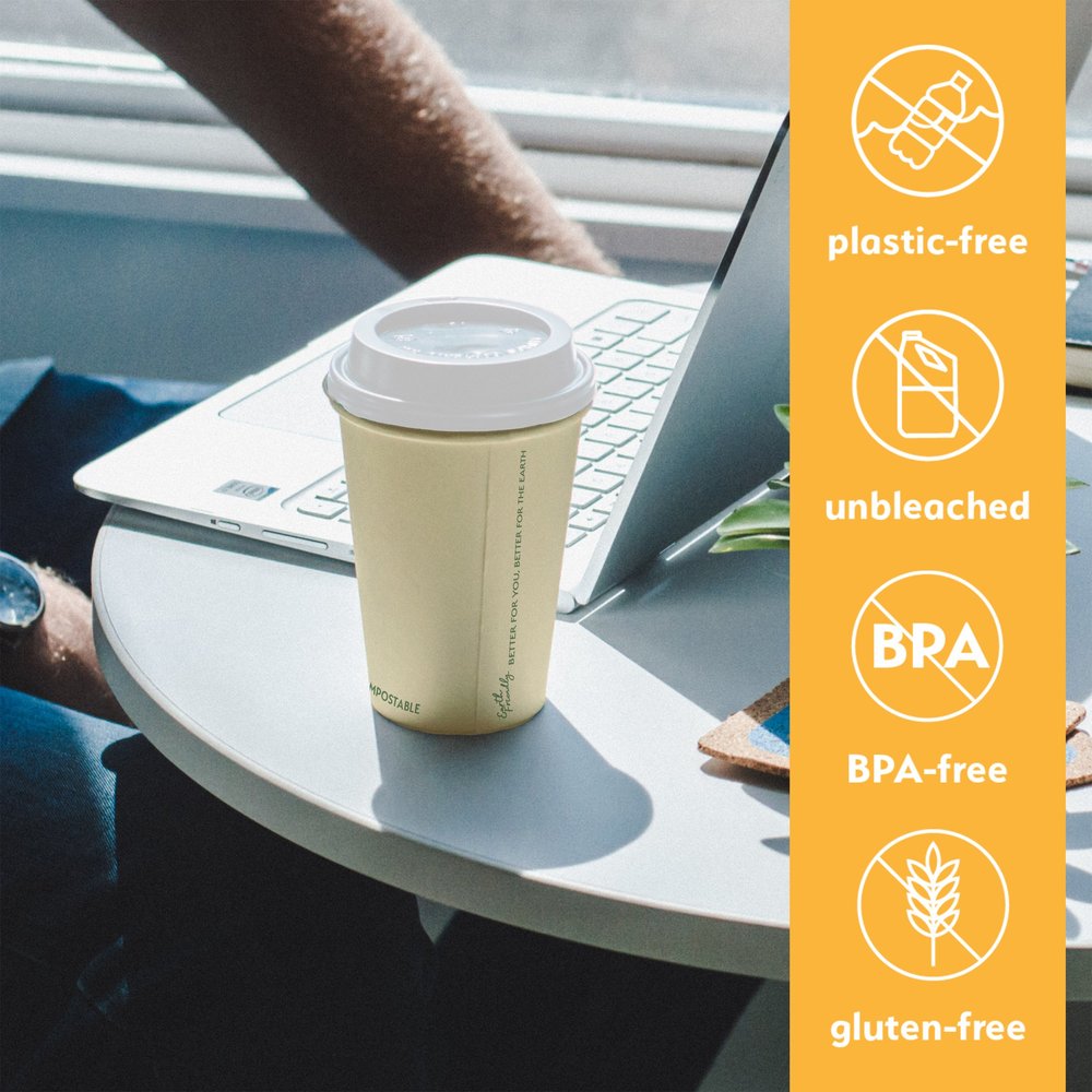 100% Compostable Disposable Coffee Cups with Lids [12oz 80 Set]  Earth's  Natural Alternative