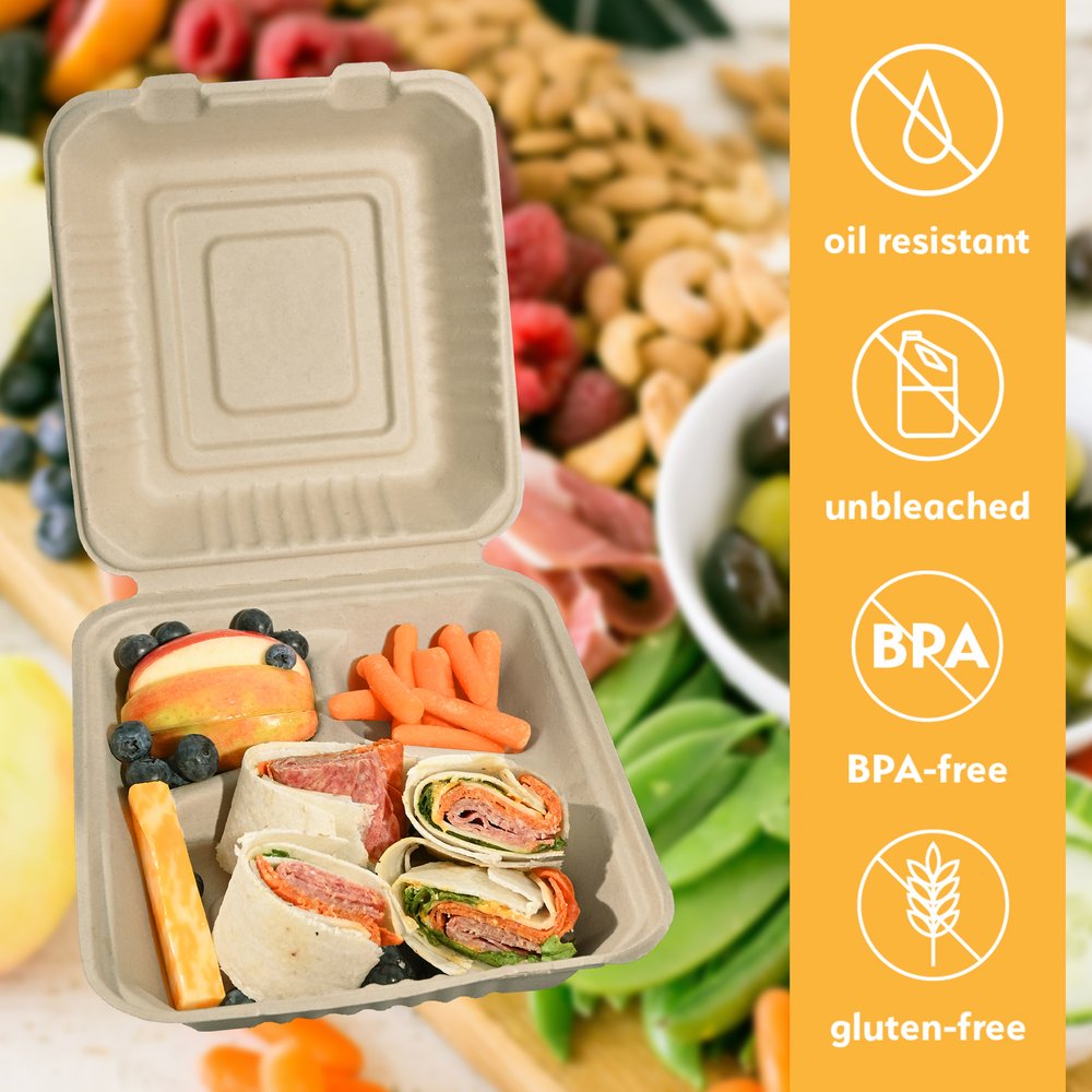 HeloGreen Eco Friendly 3 Compartment 100 Count 8x8 To Go Food Containers  - To Go Containers Disposable, Take Out Food Containers, To Go Boxes for
