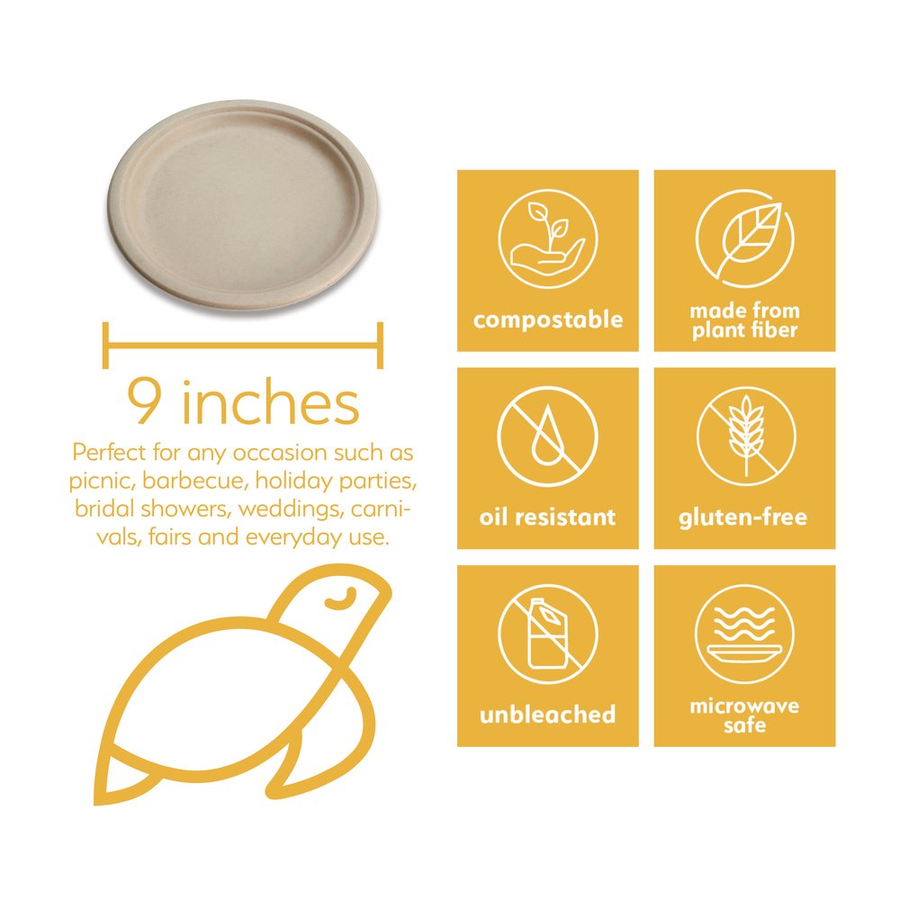 100% Compostable Paper 10 inch Bulk 125-Pack Disposable Heavy-Duty Quality,  Natural Bagasse Eco-Friendly Biodegradable Made of Sugar Cane Fiber, Large  10 Dinner Plate