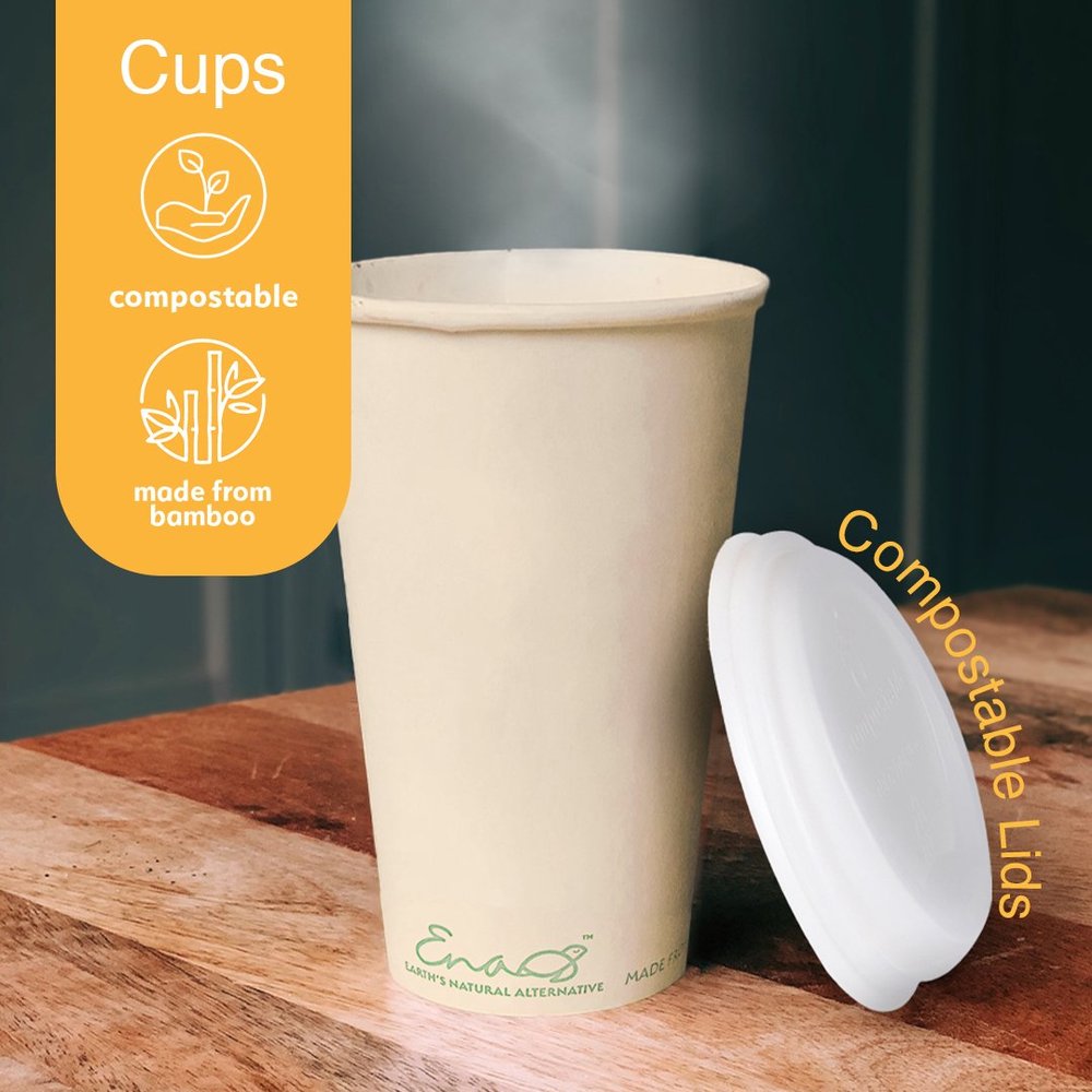 Earth's Natural Alternative 100% Compostable Disposable Coffee Cups with Lids [16oz 80 Set] Paper Cups Made from Unbleached Bamboo Fiber, Compostable
