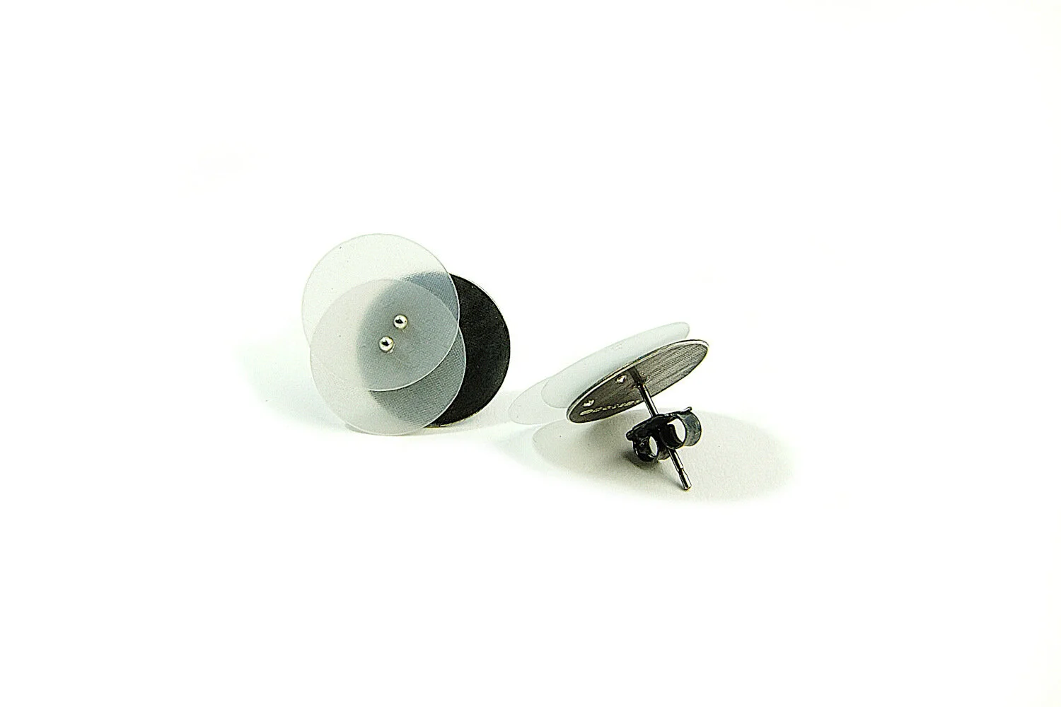 Blackened silver ear studs with HDPE discs. HBM114 &amp; 115