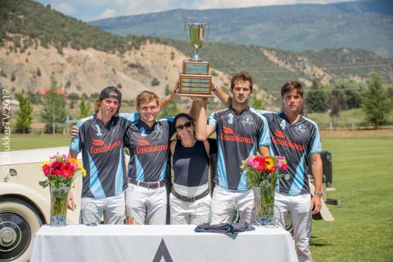 2017 Craig Sakin Memorial winning Casablanca teammates Santos Bollini, Grant Ganzi, Lucas Lalor and Juancito Bollini with presenter Sally Sakin.