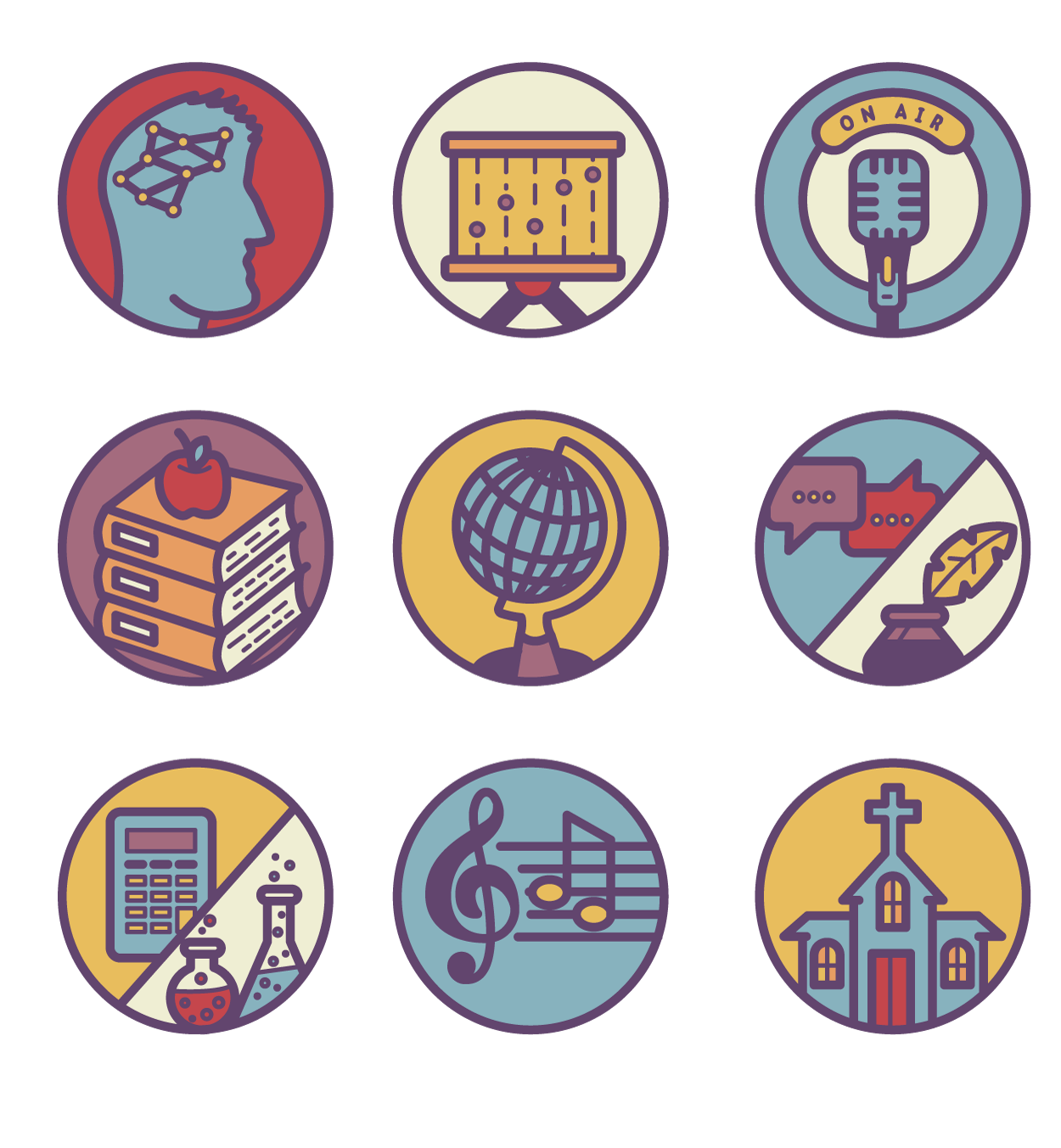 Row 1 - Behavioral and Social Sciences, Business, Communications Row 2- Education, History and Political Science, Language and Literature Row 3 - Natural Sciences and Mathematics, Music, Religion
