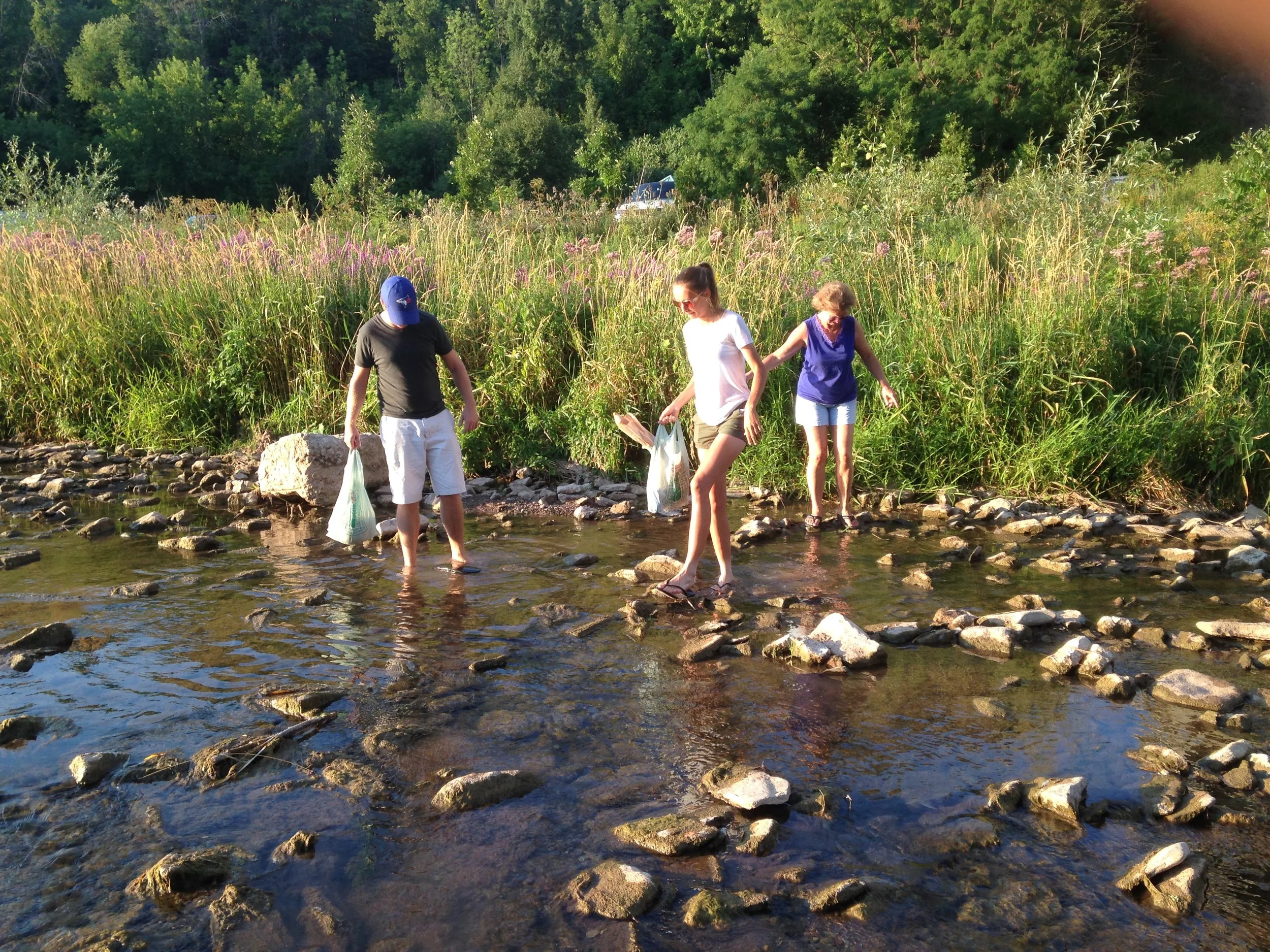 Bob, Bev, and Krista Stofko crossing 16 Mile Creek