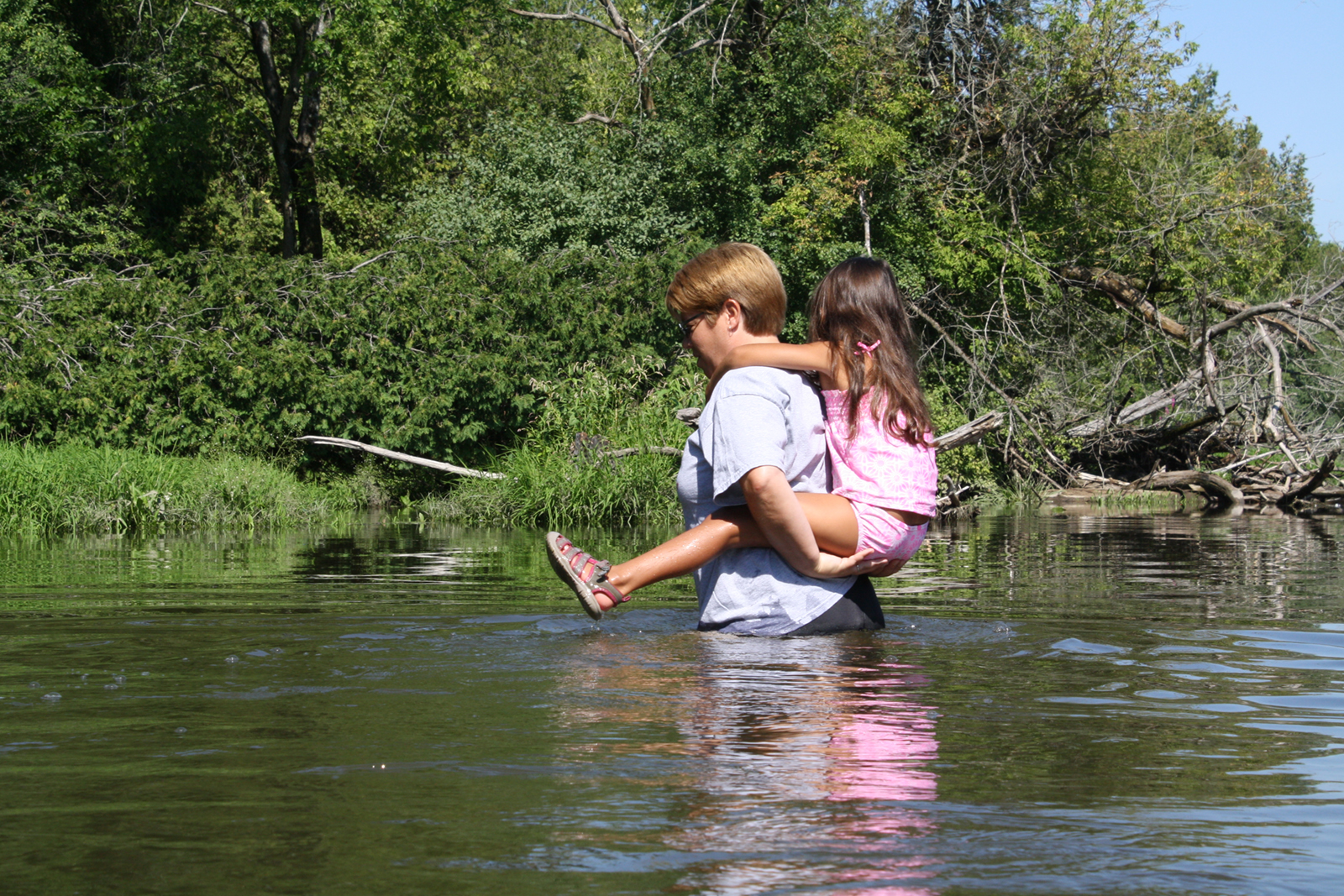 1st of two crossings of the Speed River. Although most of the way was shallow enough for Lyla to walk, there was one deep spot where she had to ride on my back.