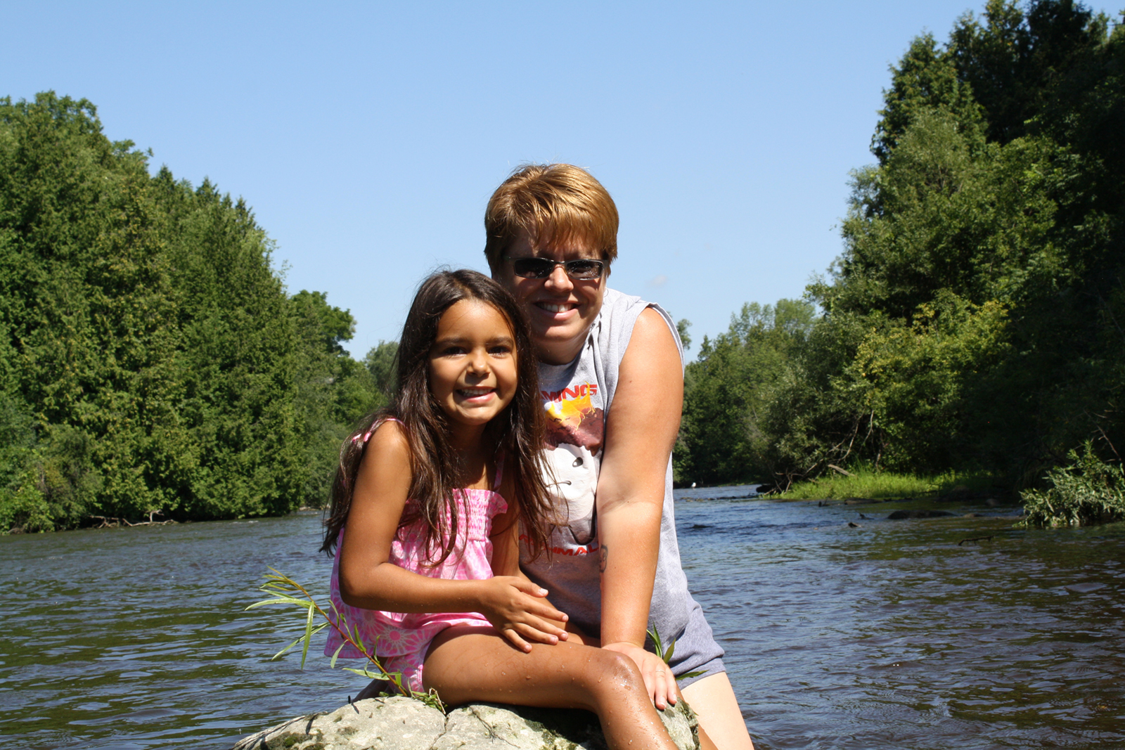 My daughter, Lyla, and I preparing to cross the Speed River.