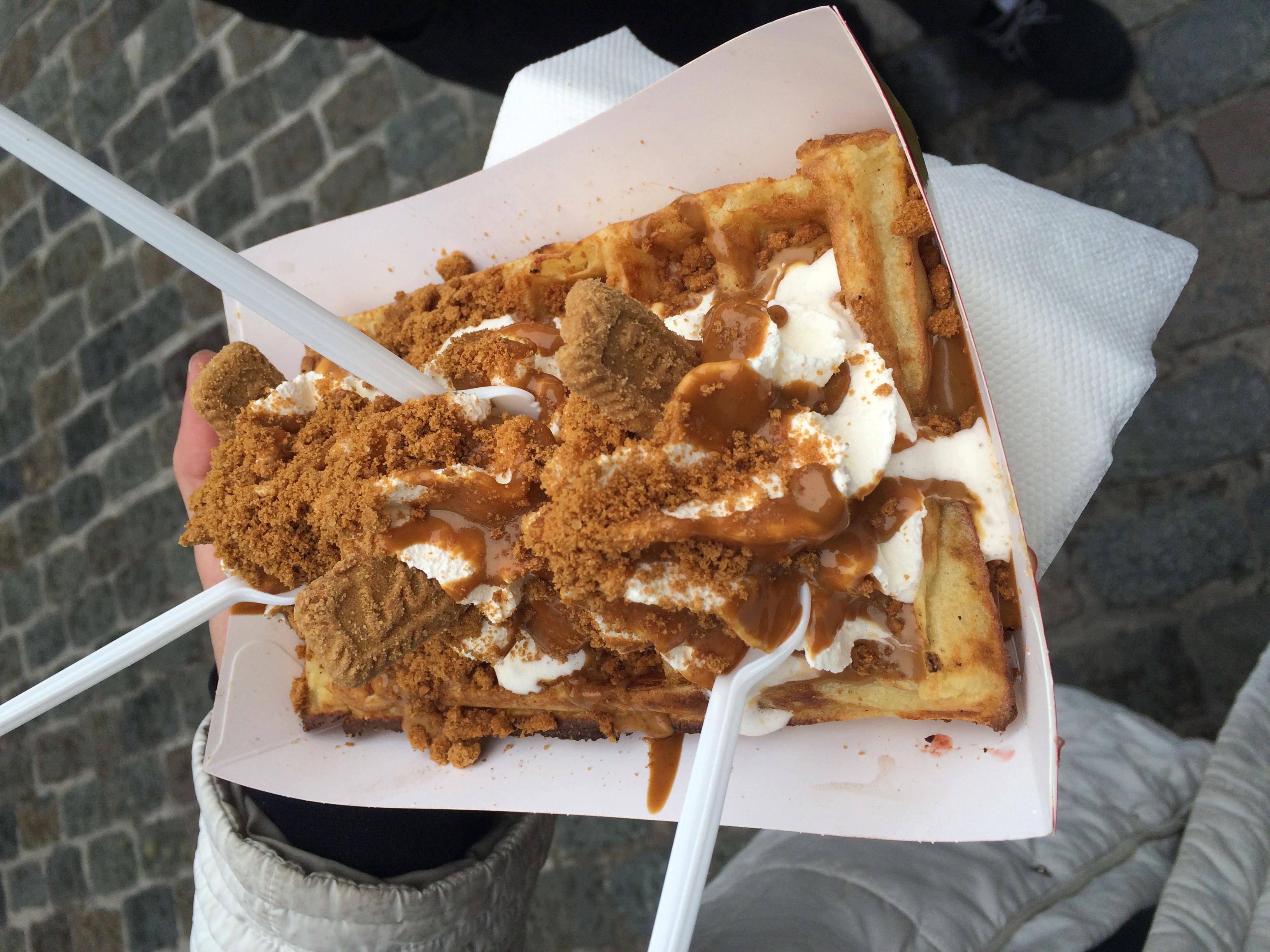 Waffle with mounds of caramel, whipped cream, and cookie crumble deliciousness. No regrets.
