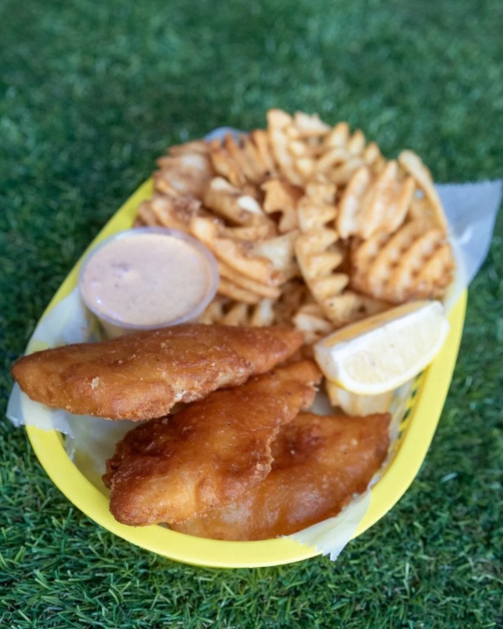 FISH &amp; CHIPS
Beer battered white fish, waffle fries, house remoulade sauce