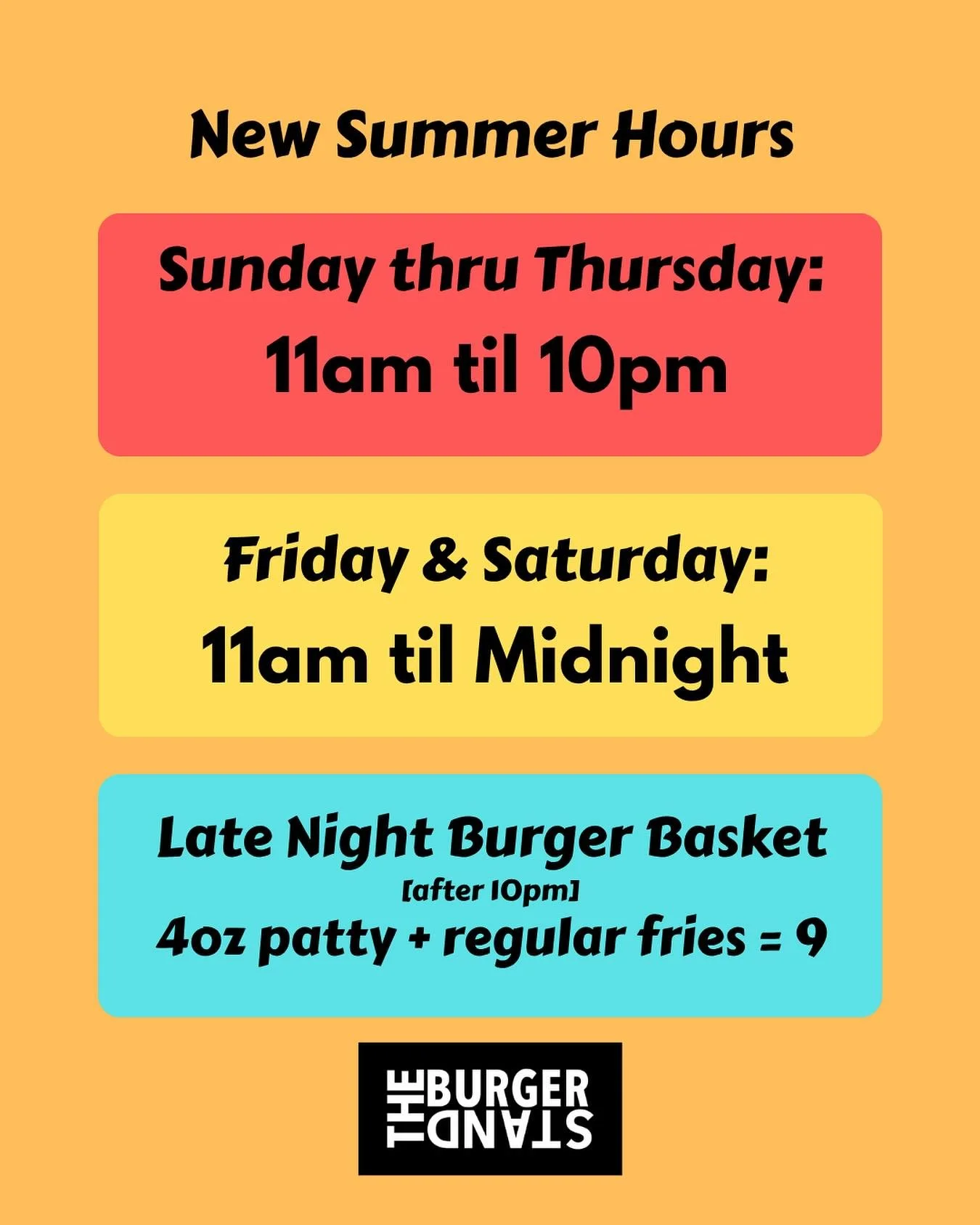 You asked for it and now it&rsquo;s back! Starting three days ago (June 1st) we will be open later than we ever have been this decade! So grab your special friends and treat them to a late night burger basket!