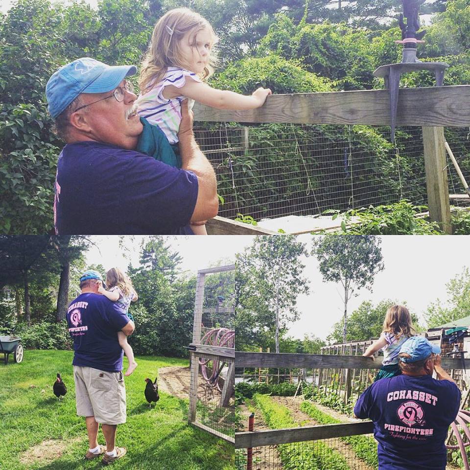 Helping Papa with the garden and chickens in Duxbury.