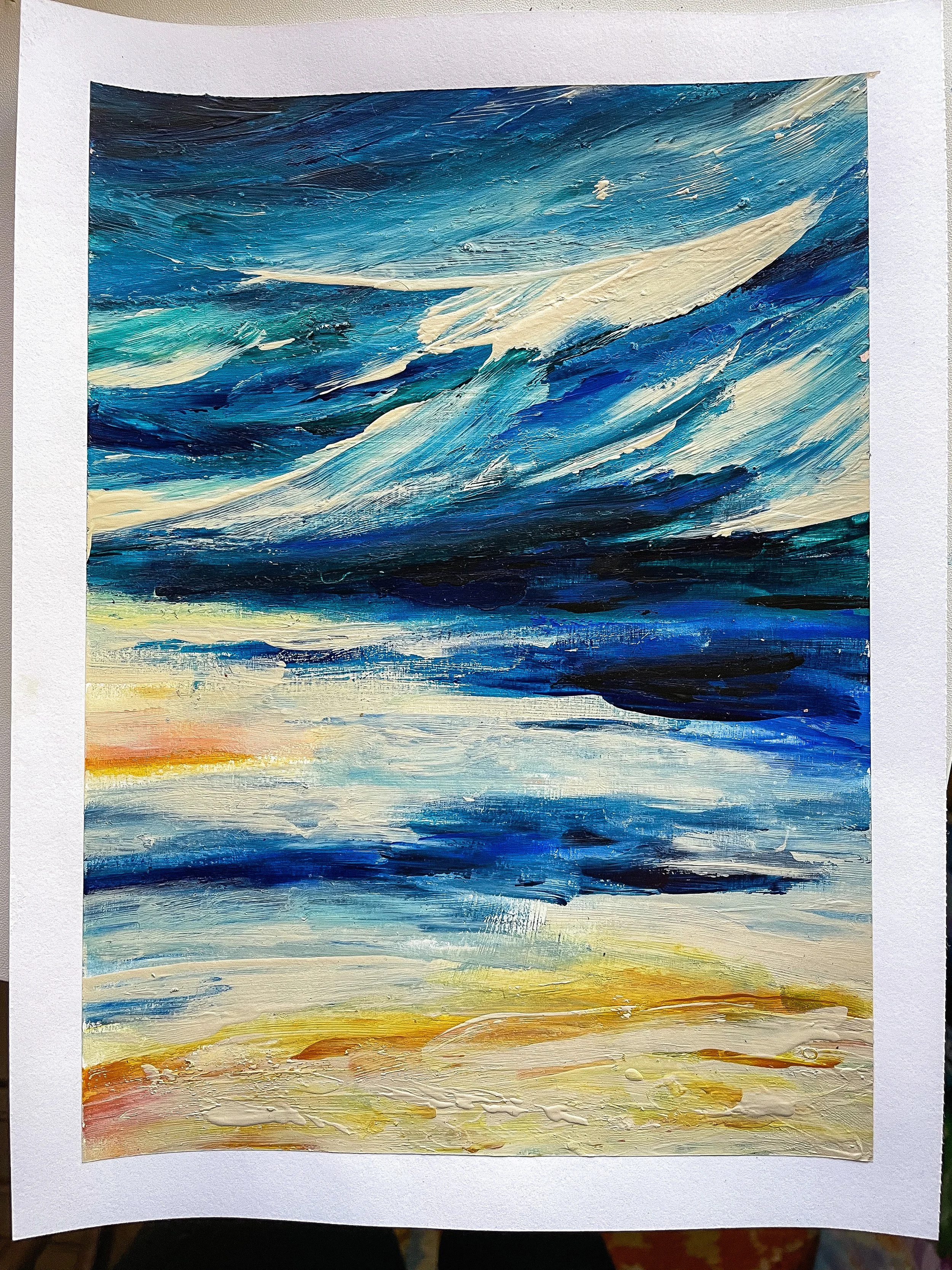 Summer Seascape, 9x12 Acrylic Fingerpainting on Paper