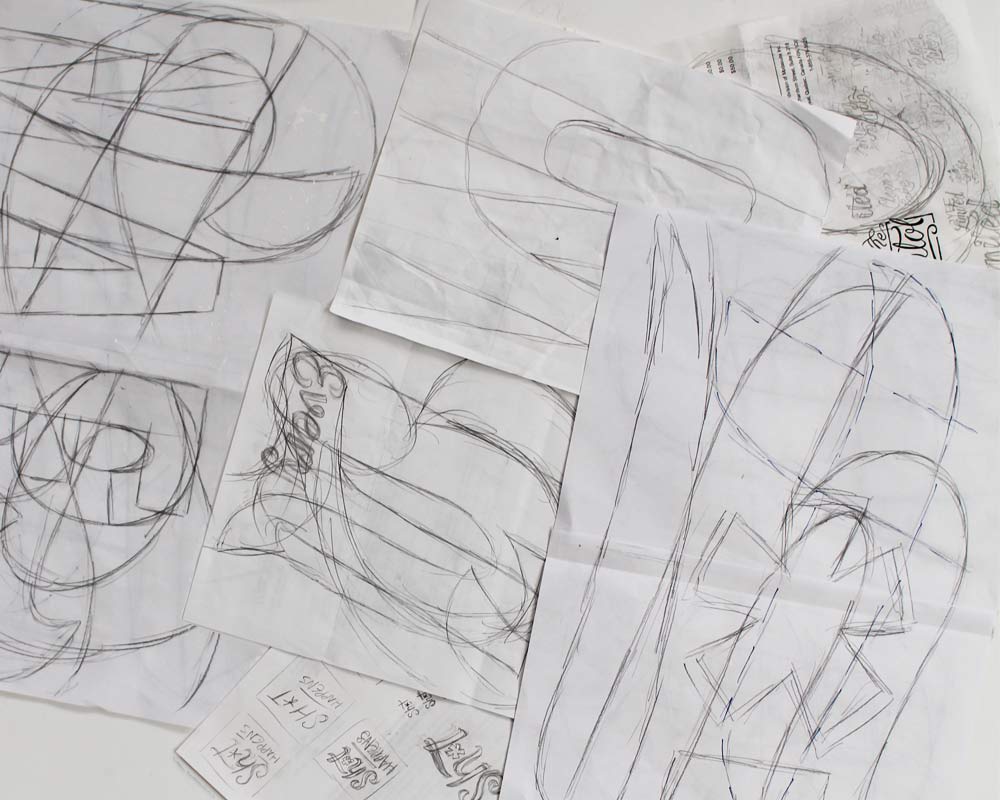 Scale references. I draw as many references on the same piece of paper as I can—these are used on both sides—to conserve paper.