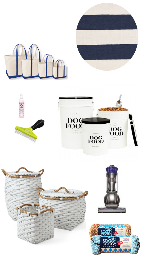 TOTES: LL Bean | RUG: Dash & Albert | PERFUME: Harry & Barker | COMB: Furminator | FOOD BINS: Harry Barker | BASKETS: Serena & Lily | VACUUM: Dyson | TOWELS: Soggy Doggy