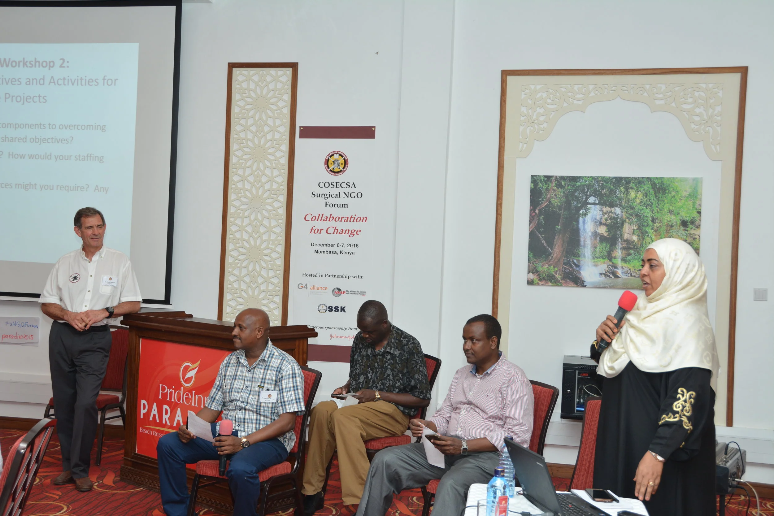 ( From left to right) Dr. Khadija Shikely, Chief Officer of Health, Mombasa County; Hon. Dr. Abdi Ibrahim, Chief Executive Officer of Health, Mombassa County; Dr. Kristeen O. Awori, President, Surgical Society of Kenya; Dr. Abdullahi Kimogol, WAHA International; Mr. Denis Robson, COSECSA Council and Board of Directors, Fistula Foundation COSECSA sNGO Forum, Mombasa, Kenya, 2016; Photography by: KEN