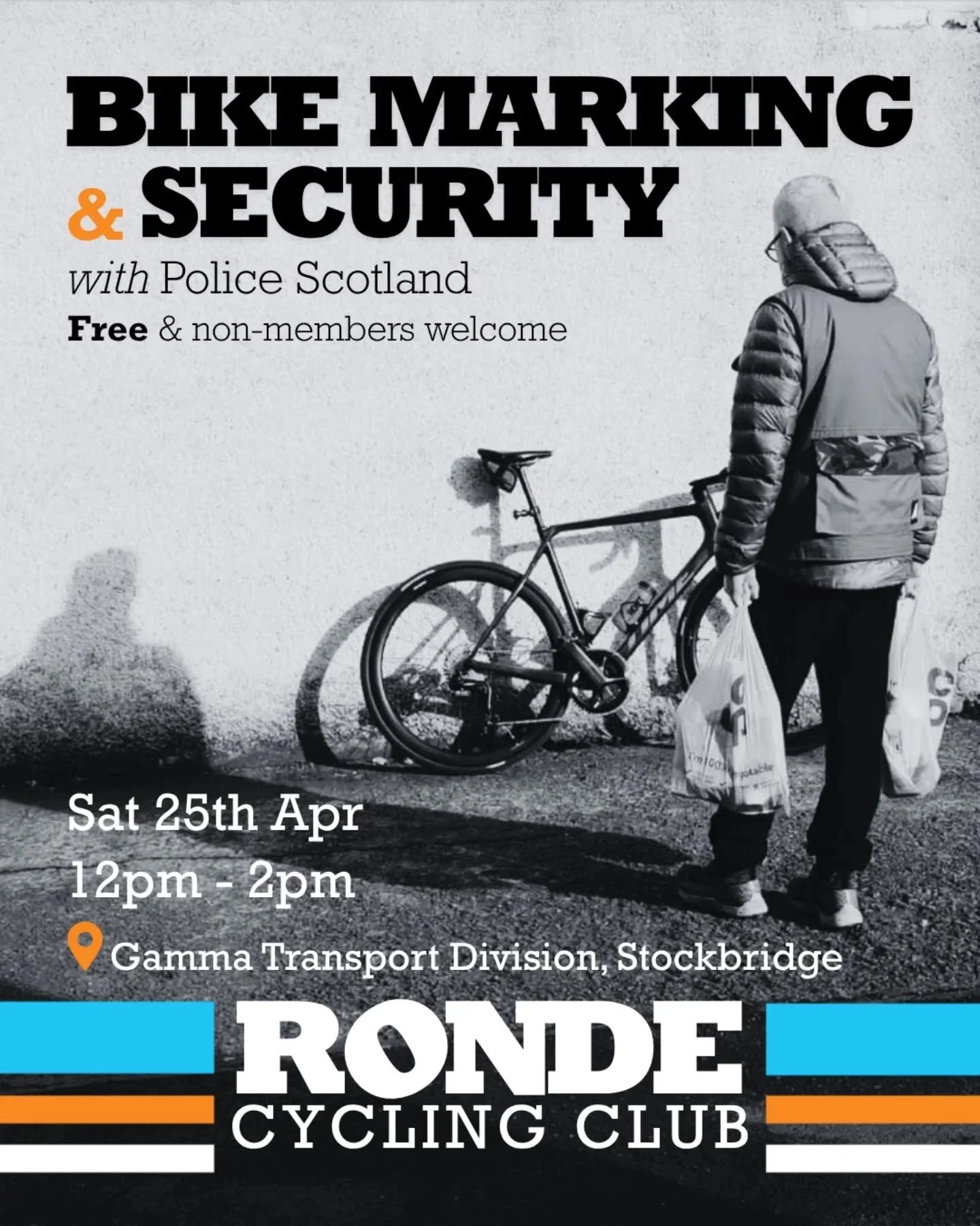 🚨 Bike theft sucks! 🚨

That's why Ronde CC and Gamma are hosting Police Scotland for a bicycle security event that anyone and everyone can attend. The police will be carrying out bike marking, and offering guidance on what steps you can take to kee