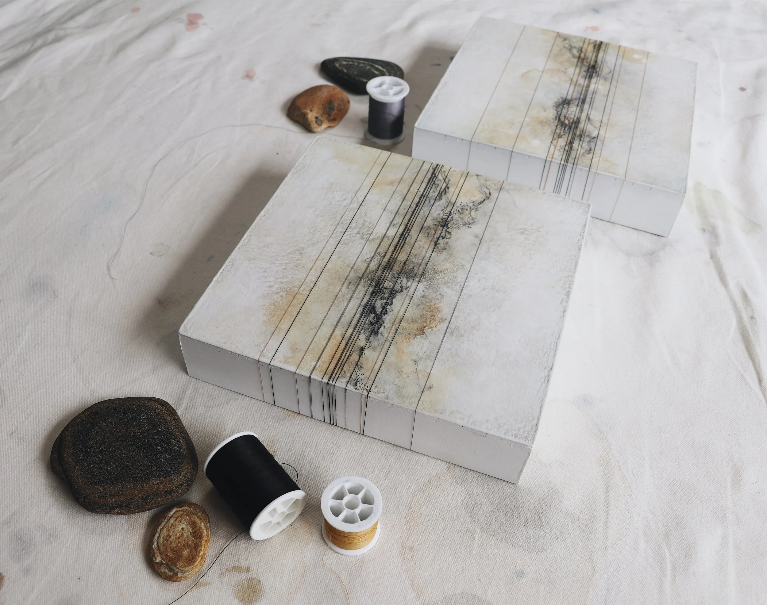  River Rocks, No. 1 &amp; 2  Thread, Charcoal, Ink &amp; Acrylic 8 x 8 in, 2018 