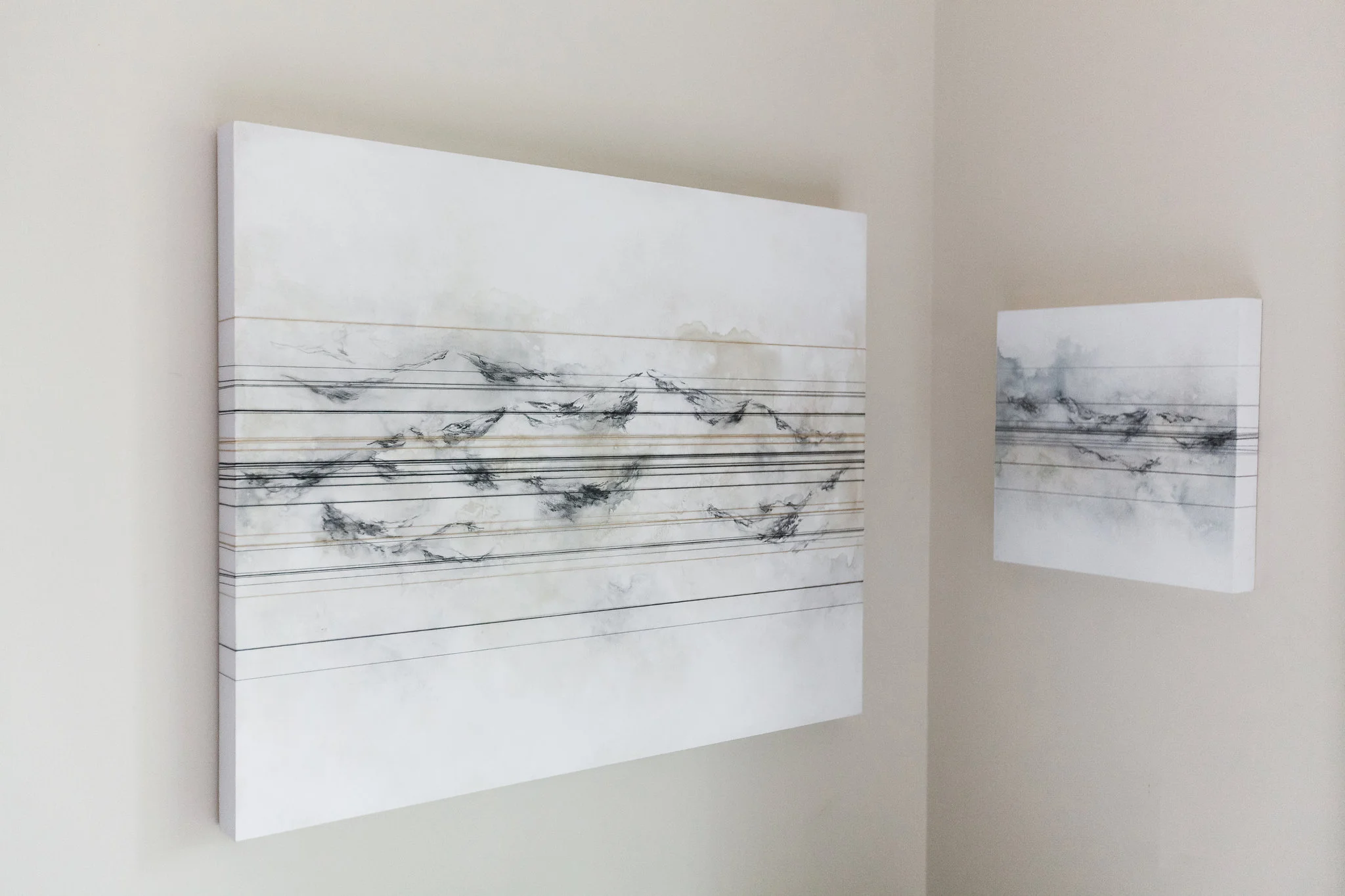  Guiding Points Thread, Charcoal, Ink &amp; Acrylic 24 x 30 in, 2018  Lifting Thread, Charcoal, Ink &amp; Acrylic 12 x 12 in, 2018 