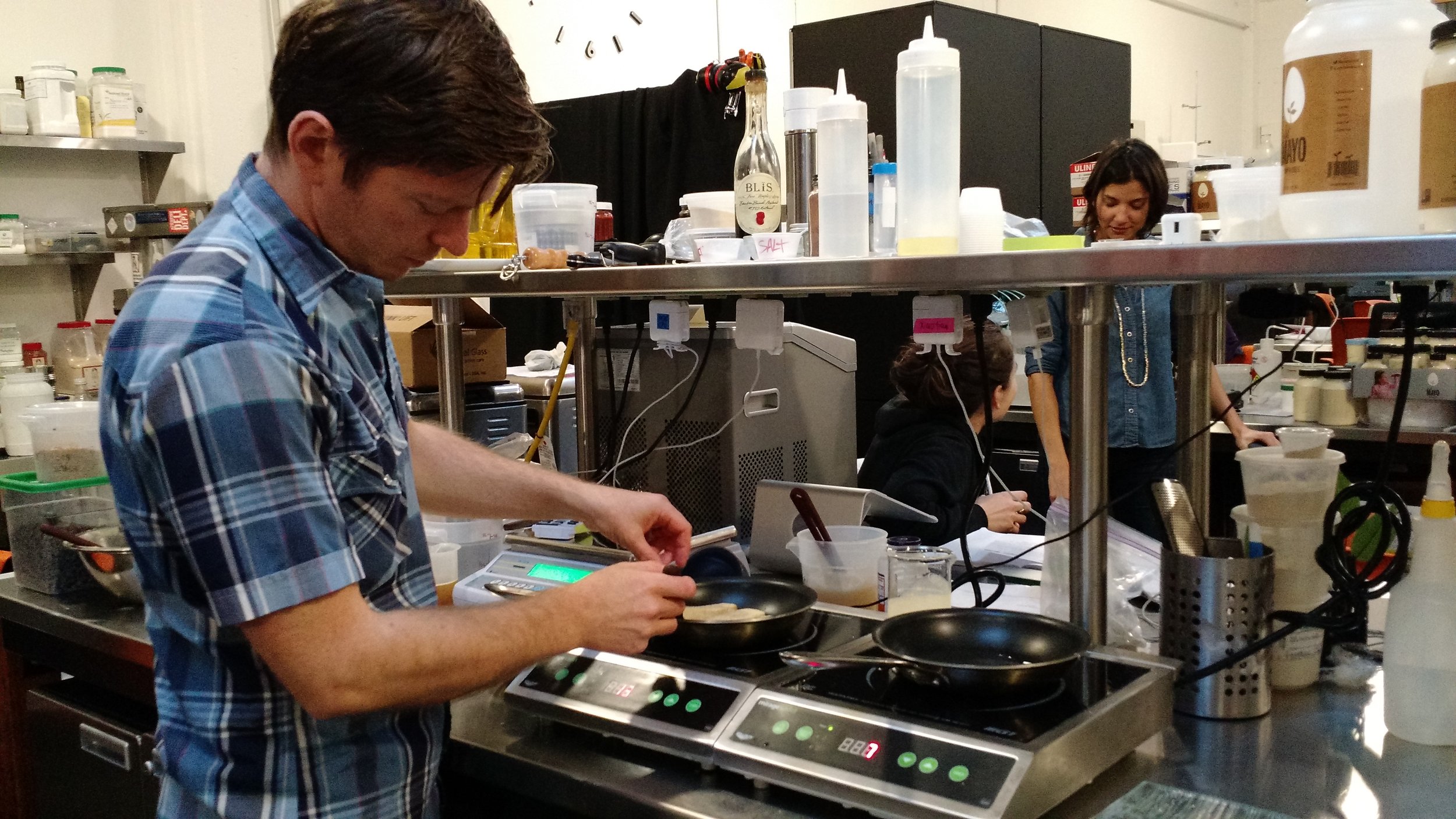 Hampton Creek's Ben Roche prepares scrambled eggs using one plant protein