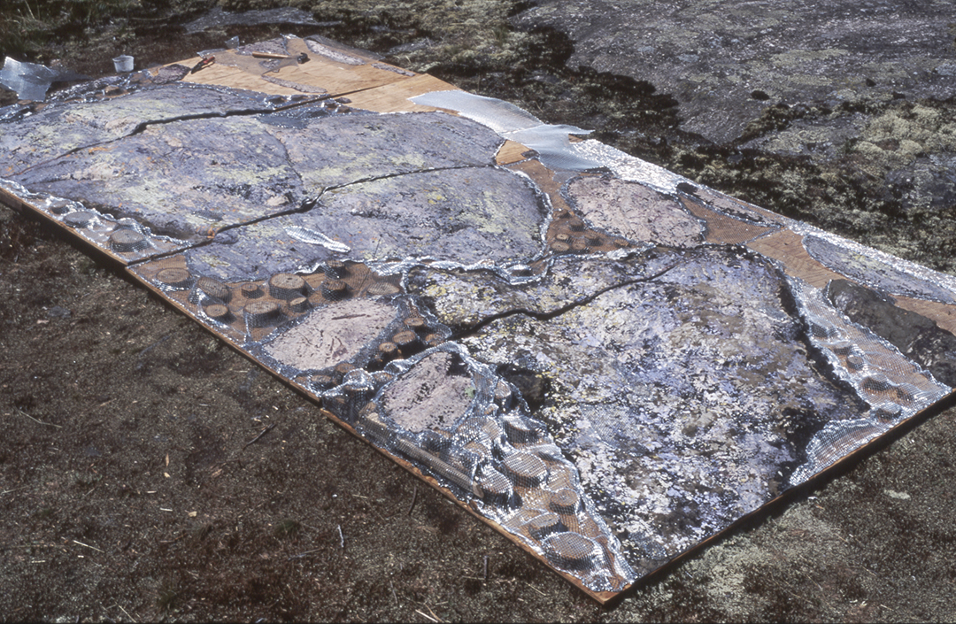 The Canadian Shield: This iconic landscape is the location of some of the Earth's oldest bedrock. Traces of glaciation and other geologic events are everywhere. Thousands of years of human activity is also interwoven with this ancient topography. Works from the Terraforms series are three-dimensional hybrids. Casts taken directly from the site were combined with manufactured materials, natural fragments and acrylic paint. site: Muskoka 1991