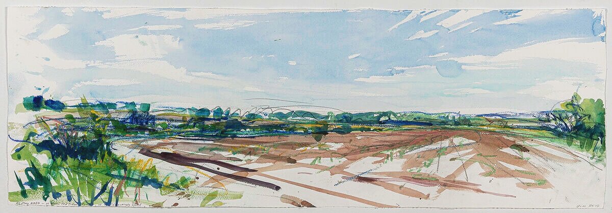    Peel Plain 26-May-2020,  N from Old School Rd, W of Chinguacousy Rd     2020 watercolour with pastel and graphite 13”x39” $2,400 