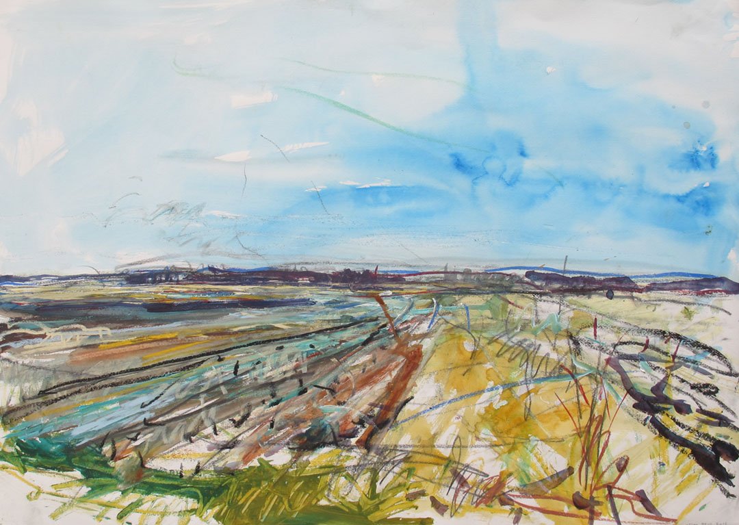    Peel Plain 30-March-16-1 , W from Mississauga Rd, N of Wanless Rd    2016  acrylic with pastel and graphite on paper  25”x35”  Collection of Peel Art Gallery, Brampton ON 