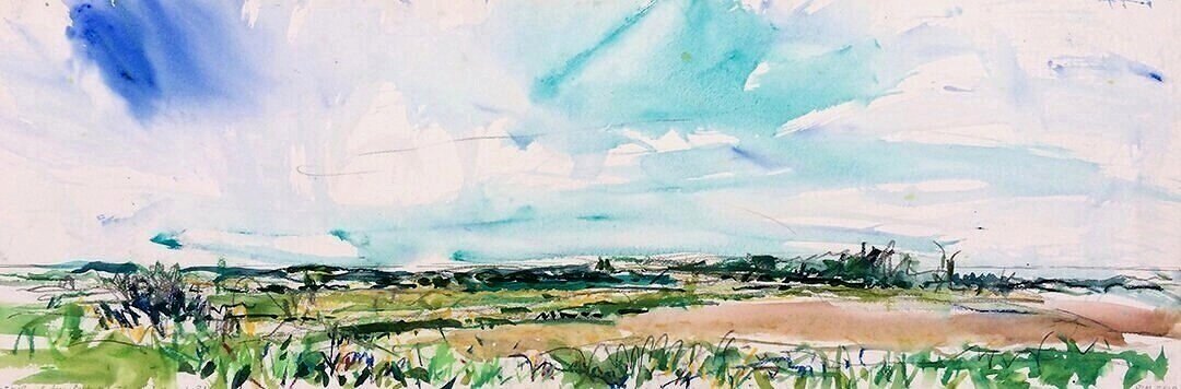    Peel Plain 14-July-2019,  S from Boston Mills Rd, W of Kennedy Rd    2019 watercolour and pastel 13”x39” $2,400 