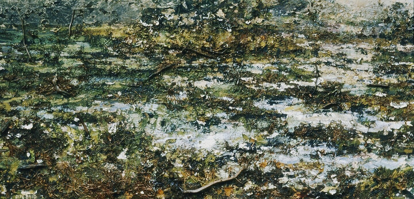    Gatineau Swamp    1983 acrylic, paper, aluminum, branches and grass on canvas 57"x108" collection of Art Gallery of Hamilton ON 