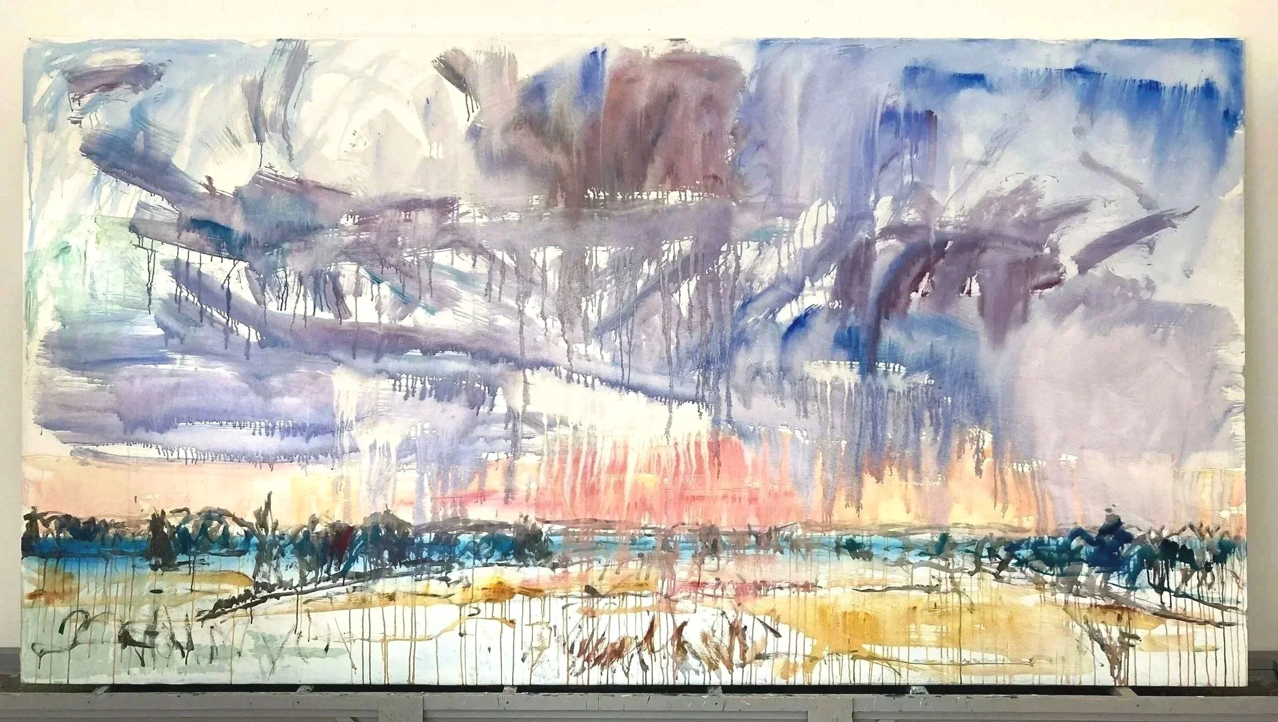    Peel Plain: March  looking South from Sloan Rd    2024 acrylic on canvas 76”×144” 