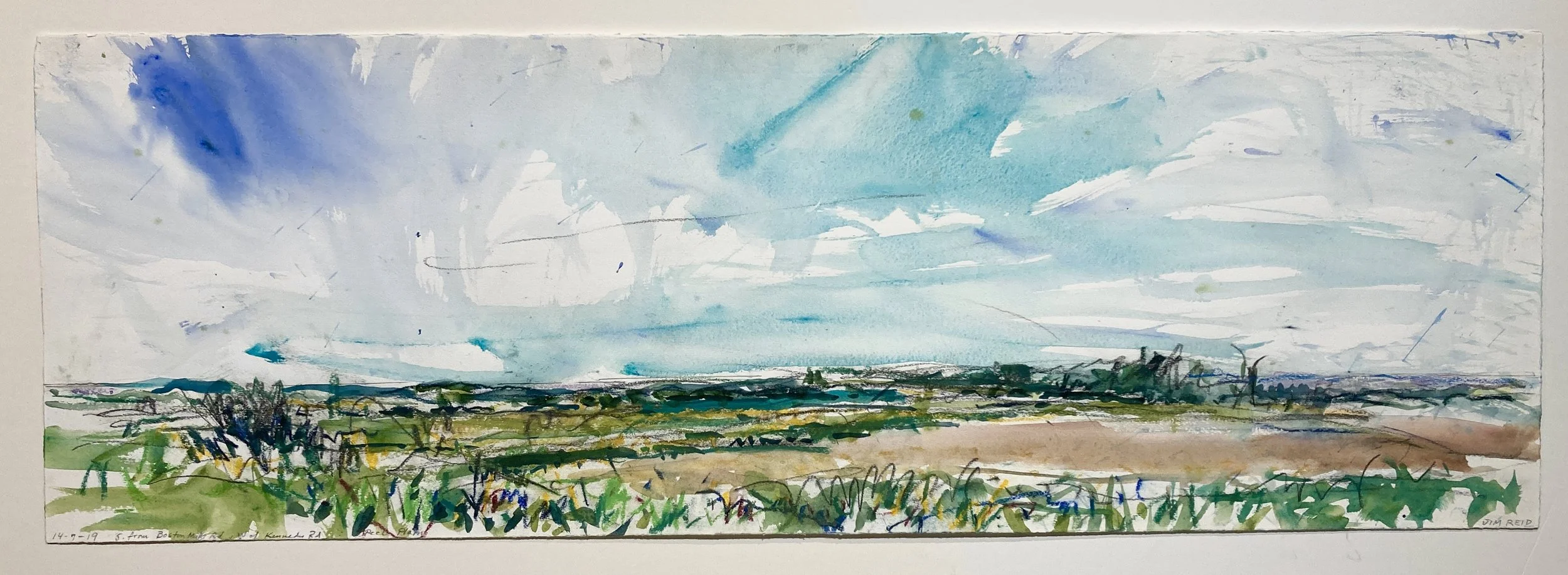    Peel Plain 14 July 2019, S. from Boston Mills Rd, W. of Kennedy Rd    2019 watercolour and pastel 13”x39” 