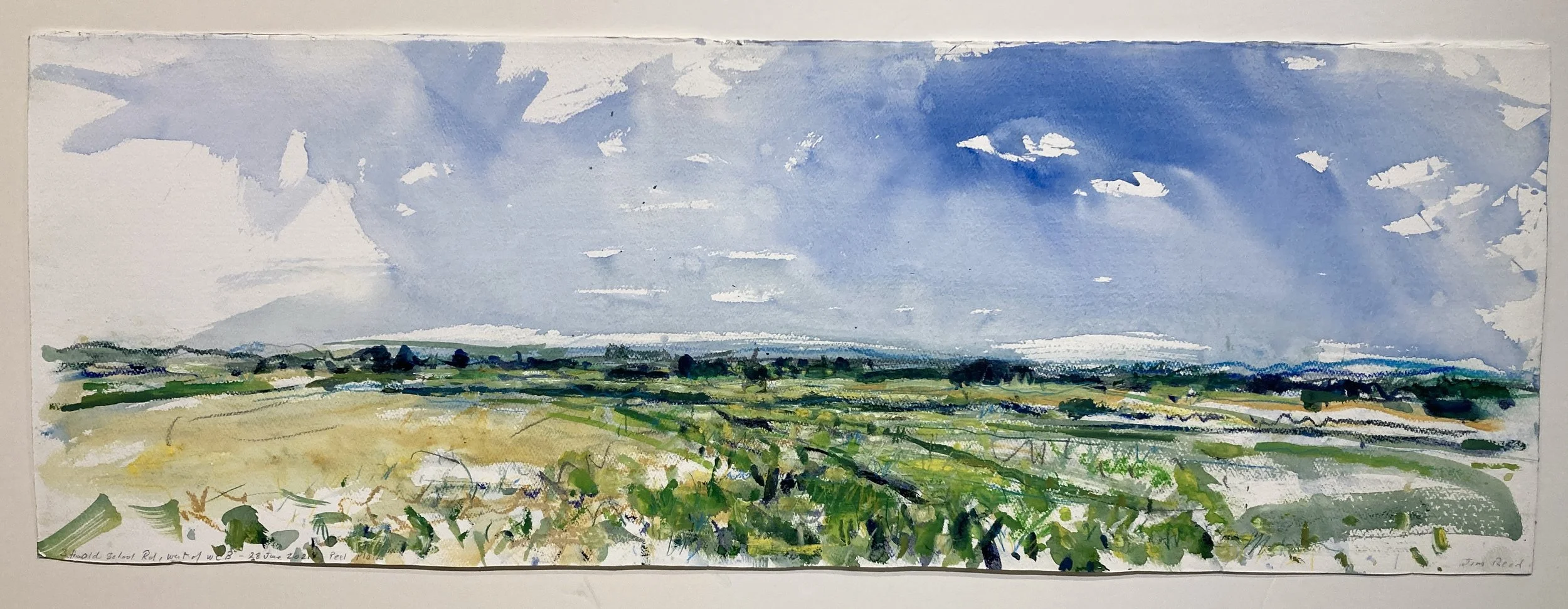    Peel Plain 28 June 2021, S. from Olde School Rd, W. of Heritage Rd    2021 watercolour and pastel 13”x39” 
