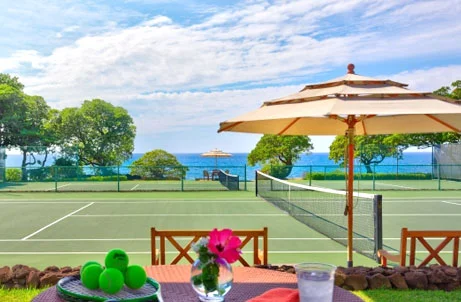 Mauna Kea Resort's award-winning Seaside Tennis Club, located on the grounds of Mauna Kea Beach Hotel, features 11 hard-surface courts, an open-air lanai with breathtaking ocean views of the Pacific