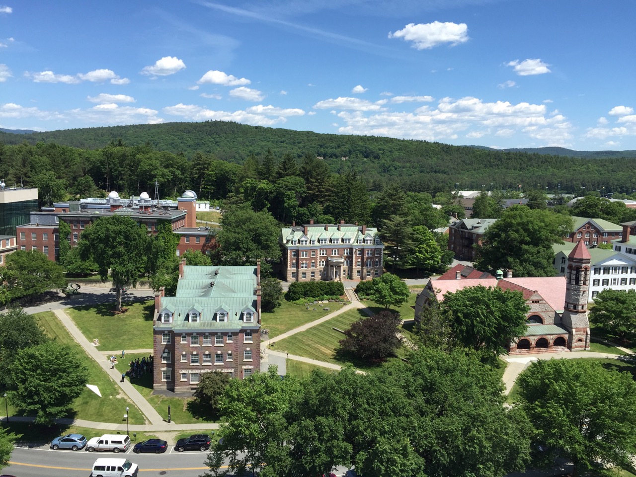 The view from atop Baker Tower, looking out at Wheeler (my freshman dorm) and other buildings on the Dartmouth campus
