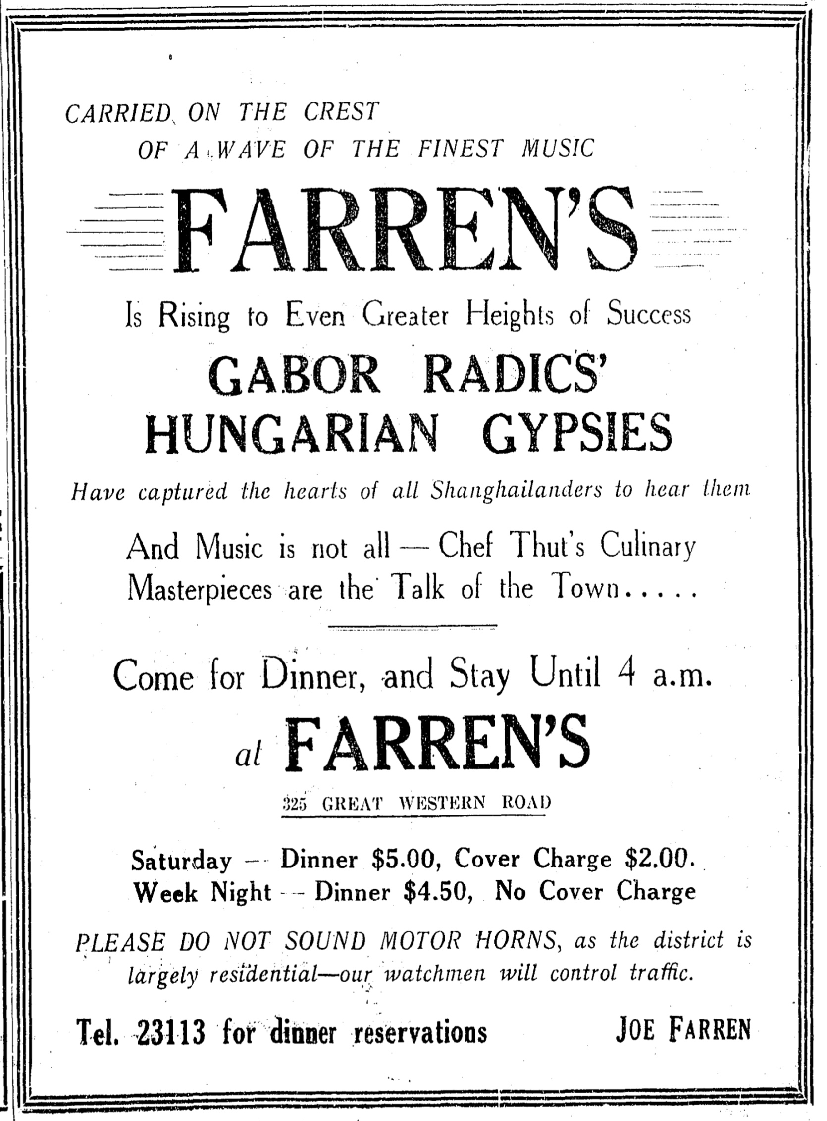 An ad for Farren’s that appears in the China Press 27 June 1937