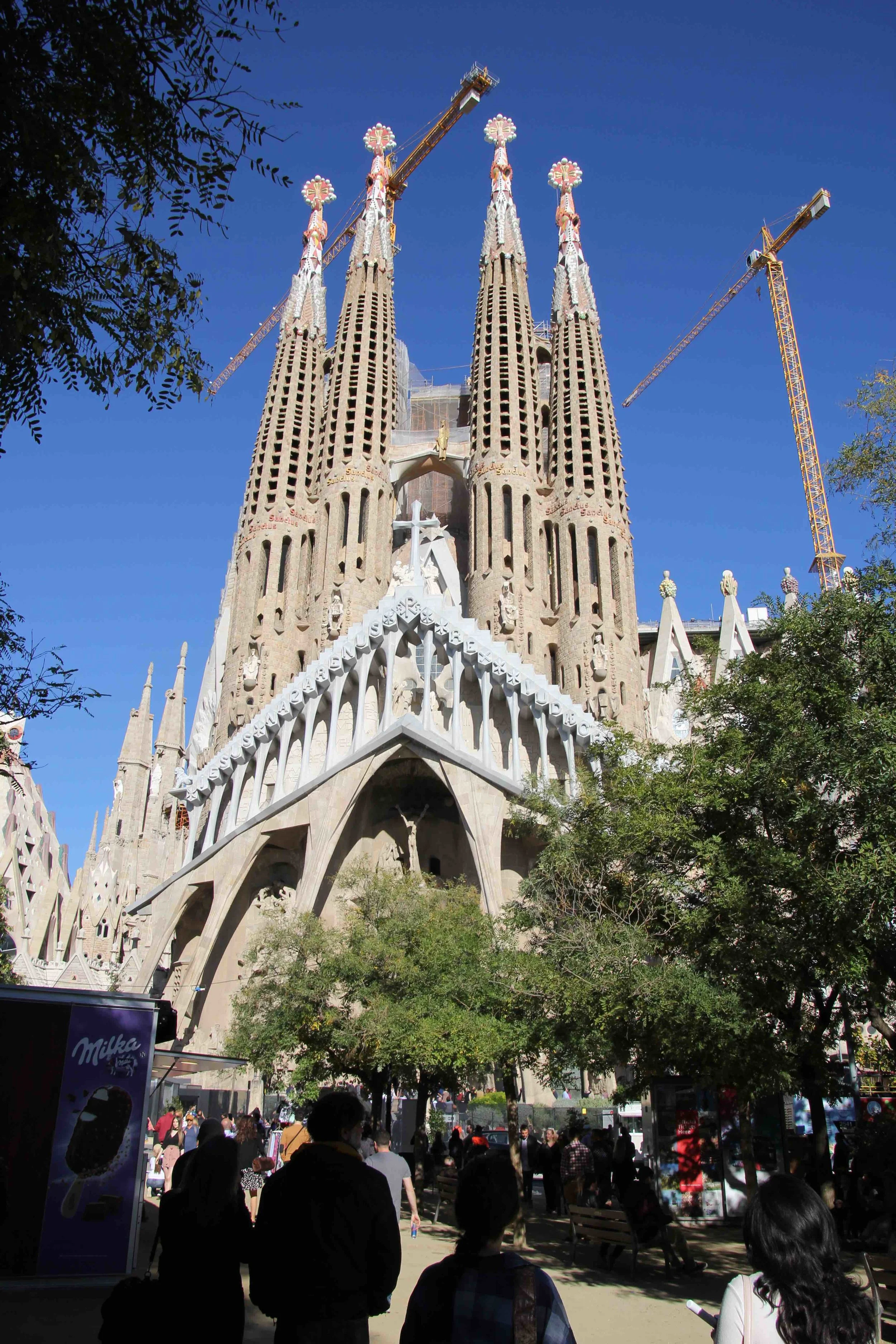 Looking up at the passion side of La Sagrada Familia from the lovely park next to it