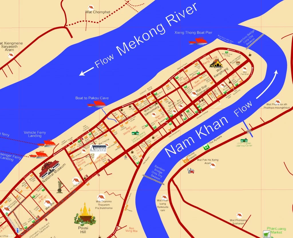 A map of Luang Prabang showing its location on a peninsula wedged in between two rivers, the Mekong and the Nam Khan.