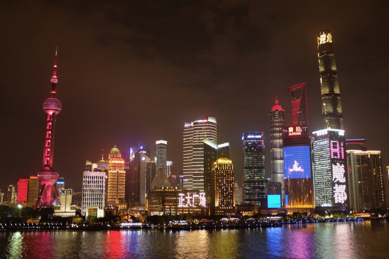 The buildings of Pudong, all tarted up for the New Year holiday