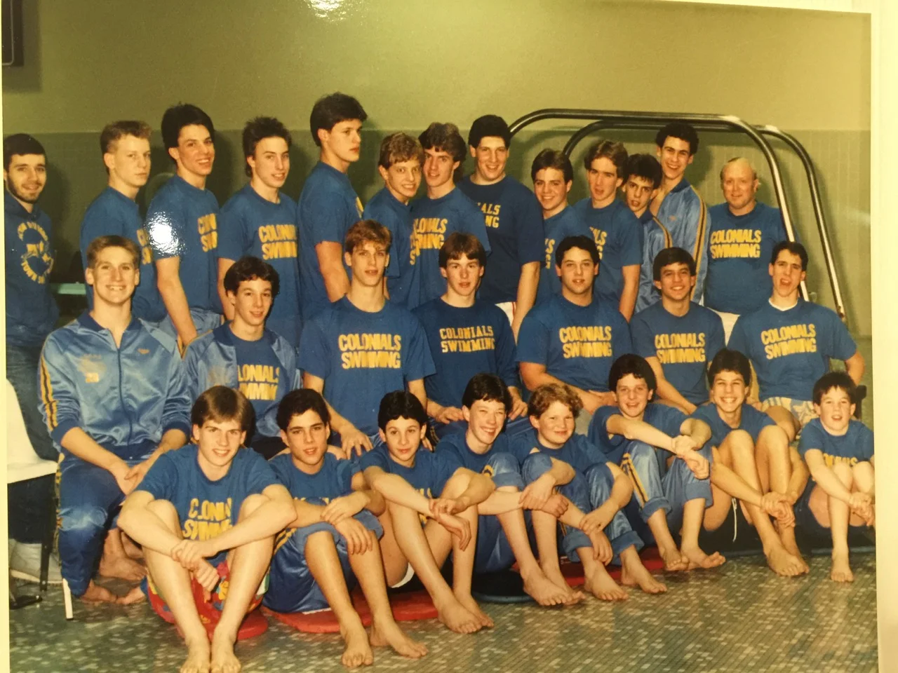 The Acton Boxborough Regional High School Boys’ Swim Team in 1987. Coach Johnson is far right in last row.