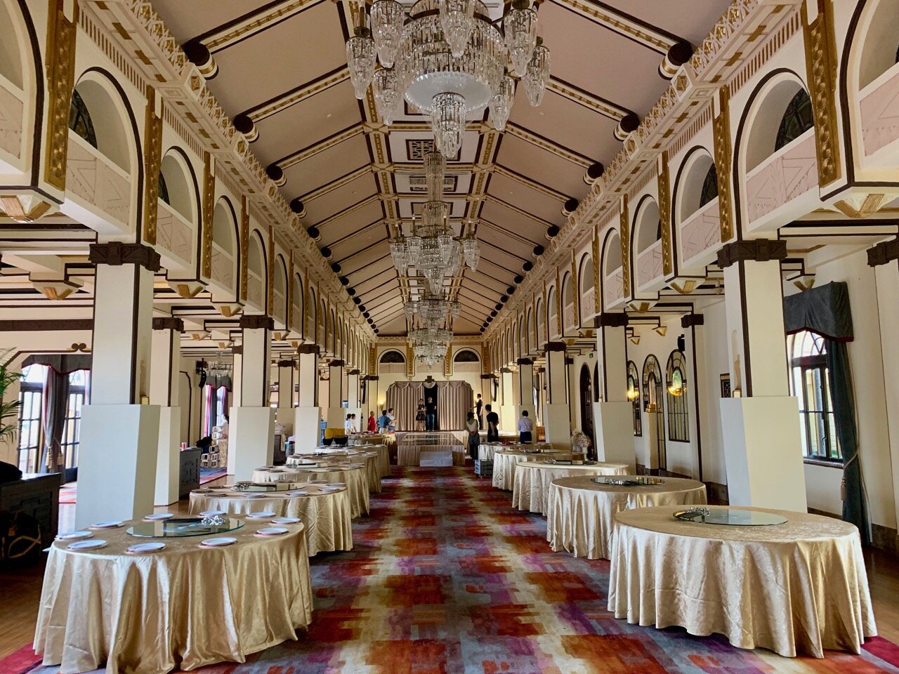 The Peace Hotel ballroom, taken in 2019, whose floor is now hidden by a thick rug