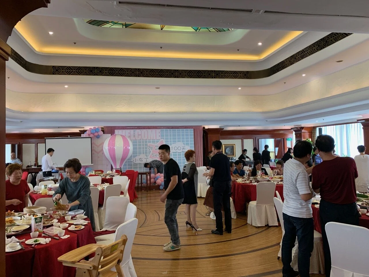The ballroom being used for a private party in 2019—note the original wooden dance floor