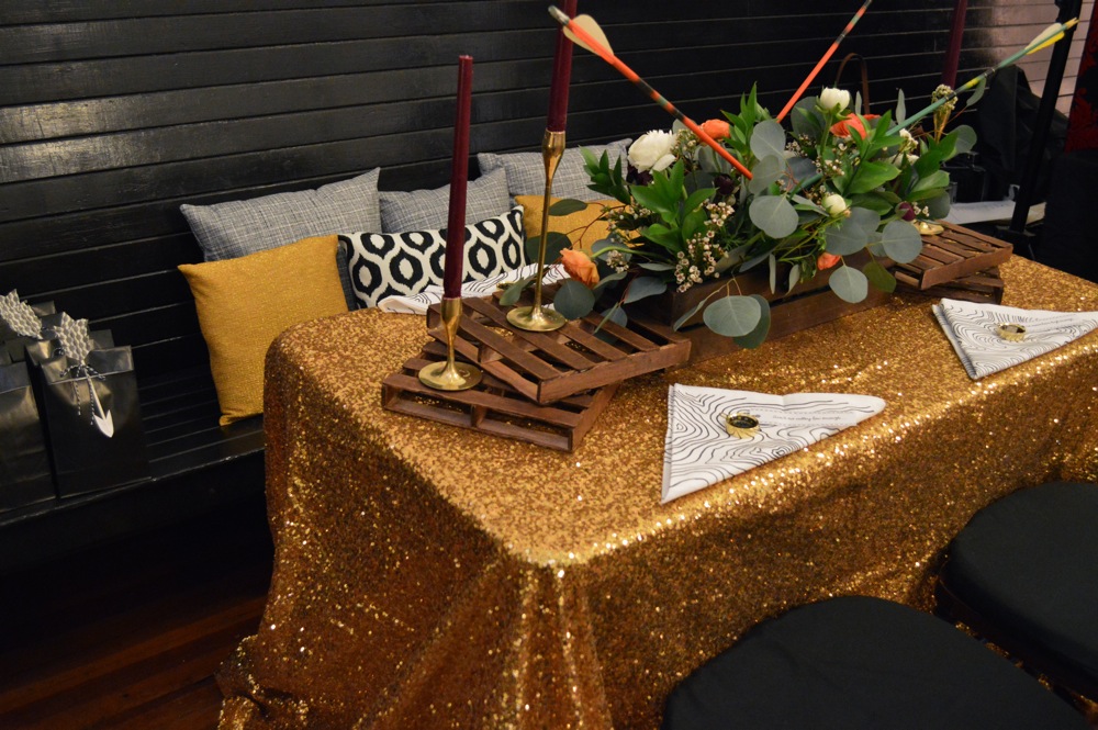 I constructed these mini wood pallets for the centerpiece and sewed all the bench pillows. Takk House's ballroom has these lovely dark benches running along both sides and I think a wedding would look cozy with long tables and lots of pillows!